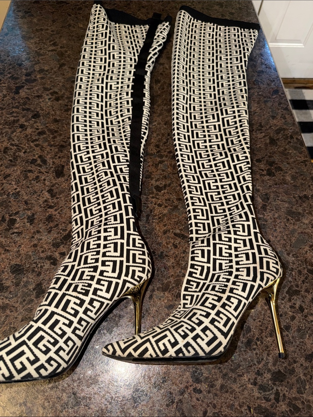 Balmain Monogram Jacquard Gold Heel Thigh High boots - size 37